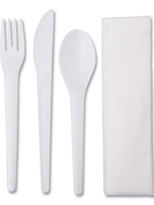 Plantware Compostable Cutlery Kit, Knife/Fork/Spoon/Napkin, 6", Pearl White, 250 Kits/Carton